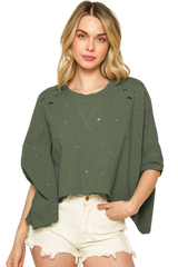 Green Half Sleeve Distressed Asymmetrical Top