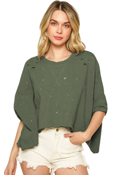 Green Half Sleeve Distressed Asymmetrical Top