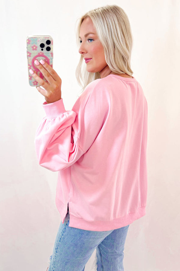 Light Pink Sweet Bow Lantern Sleeve Oversized Pullover Sweatshirt