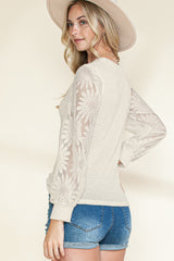 Beige Sunflower Mesh Long Sleeve Waffle Knit Top