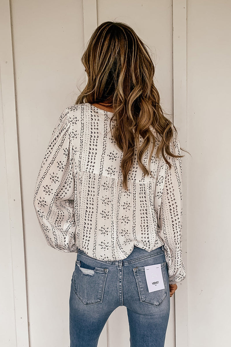 Beige Bohemian Floral Embroidered Printed Buttons Front Blouse