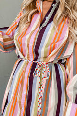 White Colorful Striped Cuffed Sleeve Tassel Tie Maxi Dress