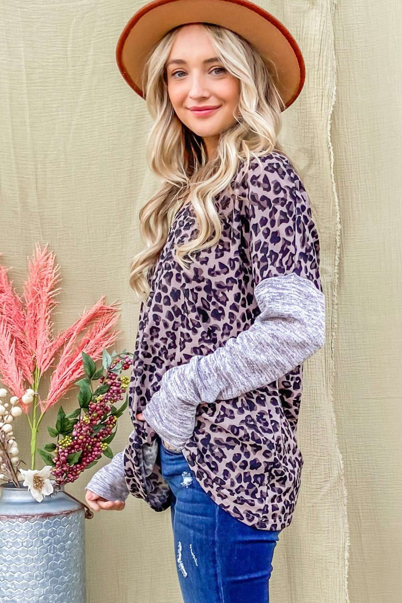 Leopard Print V Neck Drop Shoulder Long Sleeve Top