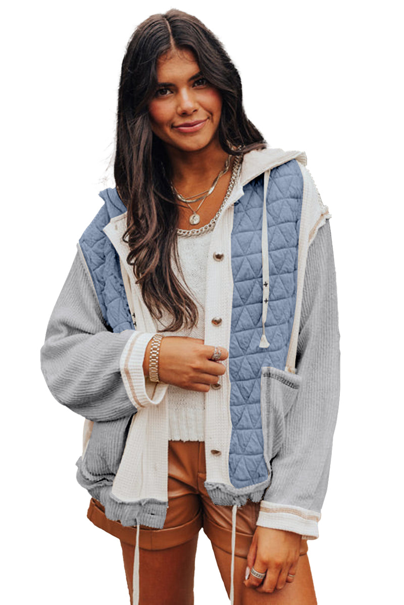 Coral Quilted Textured Patchwork Hooded Jacket