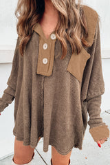 Brown Waffle Pocket Seam Patchwork Loose Knit Top