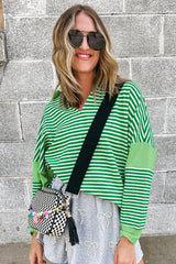 Green Stripe V Neck Collared Waffle Patchwork Loose Top