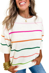 White Striped Half Sleeve Drop Shoulder Sweater