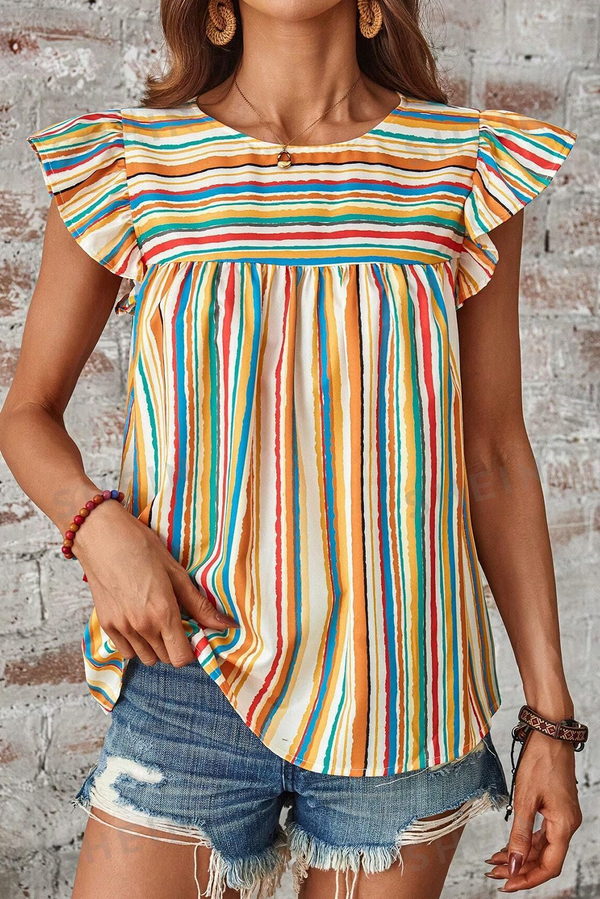 Multicolour Striped Ruffle Sleeve Round Neck Blouse