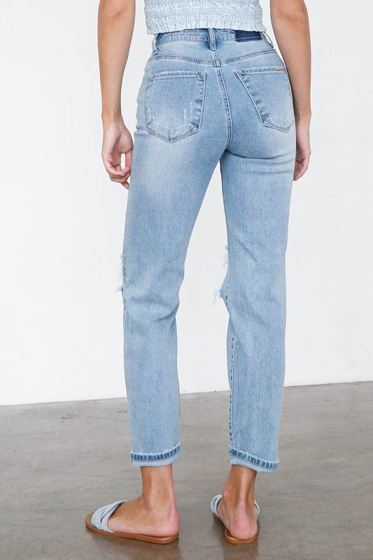 High Waist Destroyed Hem Boyfriend Jeans