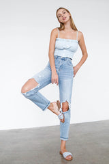 High Waist Destroyed Hem Boyfriend Jeans