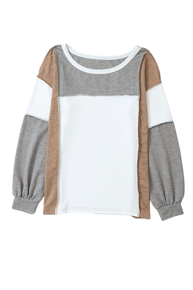 Khaki Color Block Exposed Seam Long Sleeve Top