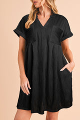 Black Crinkled Short Sleeve V Neck Flowy Dress