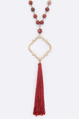 Silk Tassel Quarterfoil Pendant Drop Long Necklace