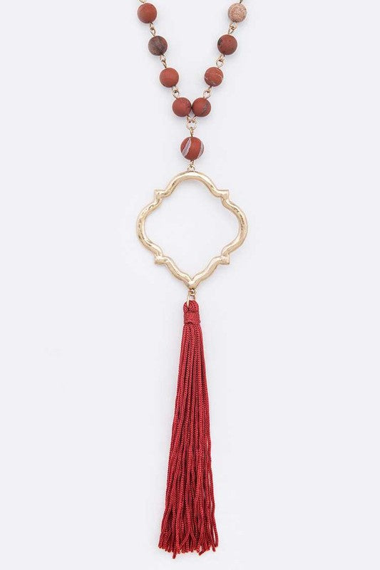 Silk Tassel Quarterfoil Pendant Drop Long Necklace