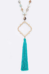 Silk Tassel Quarterfoil Pendant Drop Long Necklace