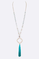 Silk Tassel Quarterfoil Pendant Drop Long Necklace