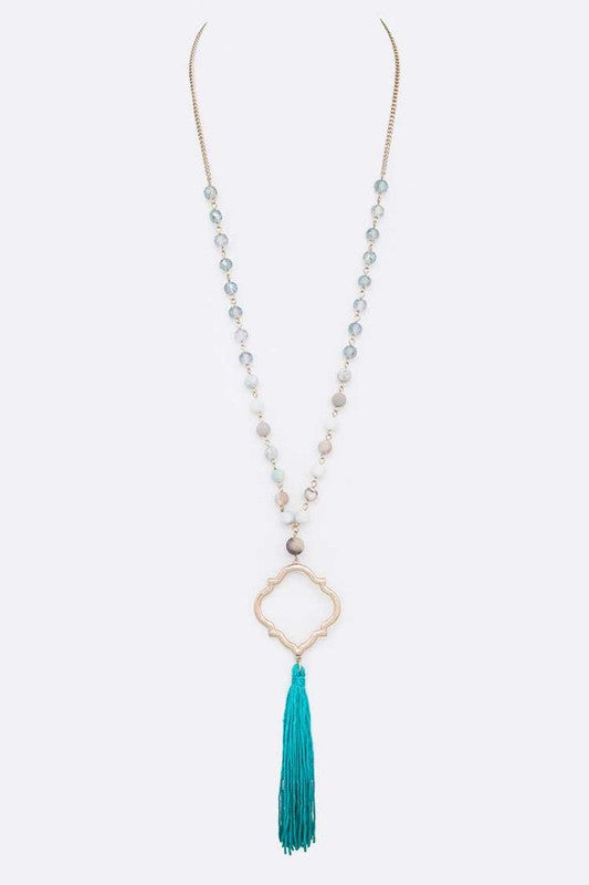 Silk Tassel Quarterfoil Pendant Drop Long Necklace