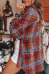 Orange Plaid Print Pocket Loose Shirt