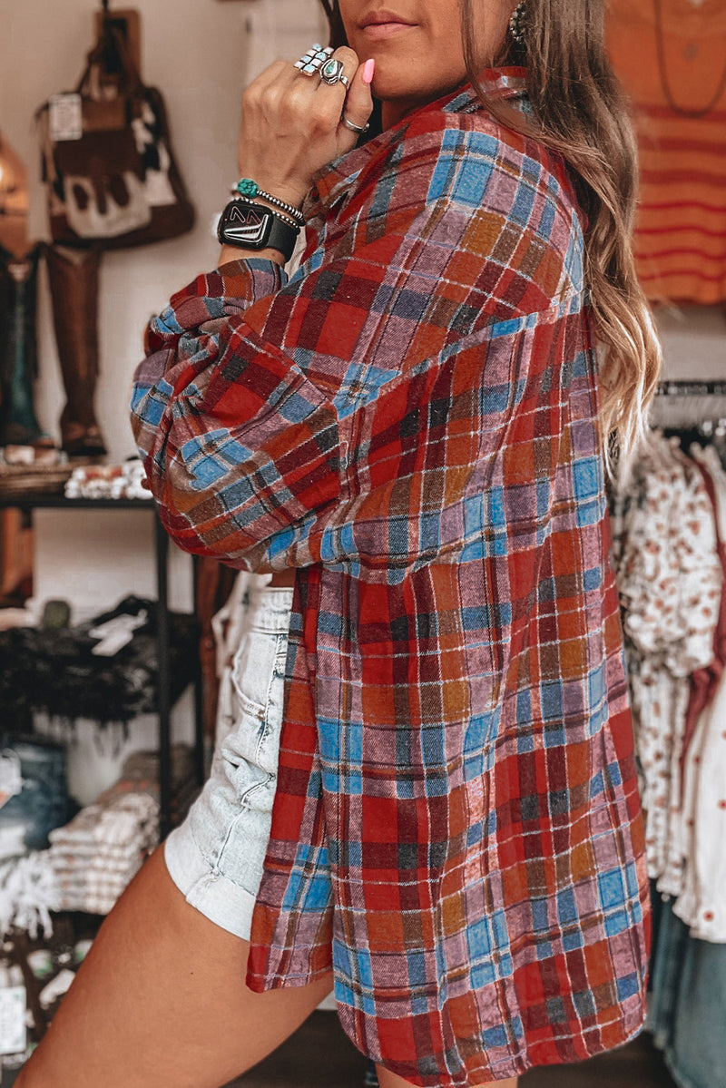 Orange Plaid Print Pocket Loose Shirt