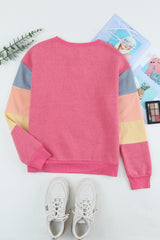 Rosy Color Block Casual Drop Sleeve Sweatshirt