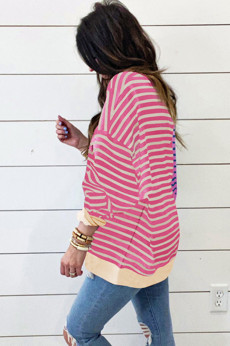 Pink Stripe Colorblock Drop Shoulder Oversize Sweatshirt