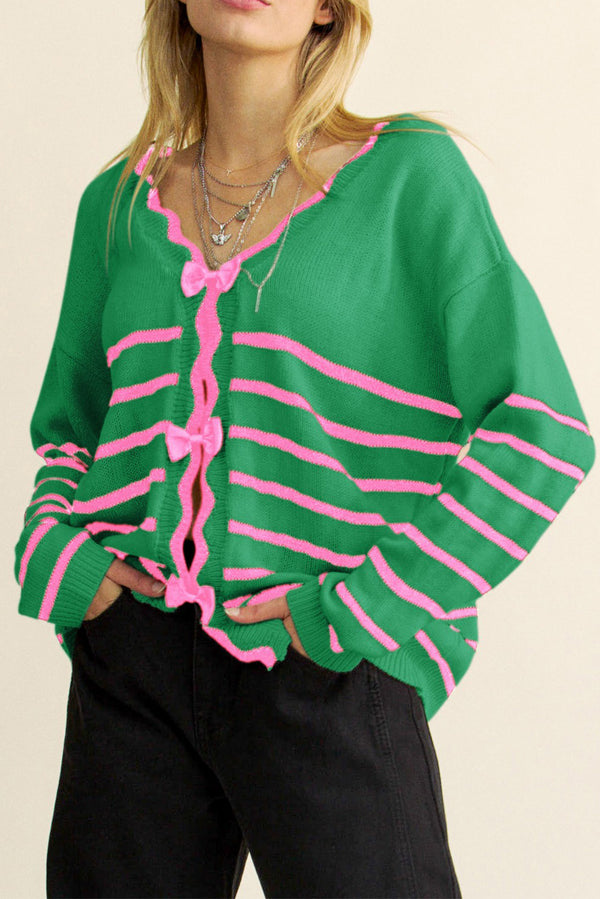 Green Stripe Sweet Bow Front Long Sleeve Cardigan