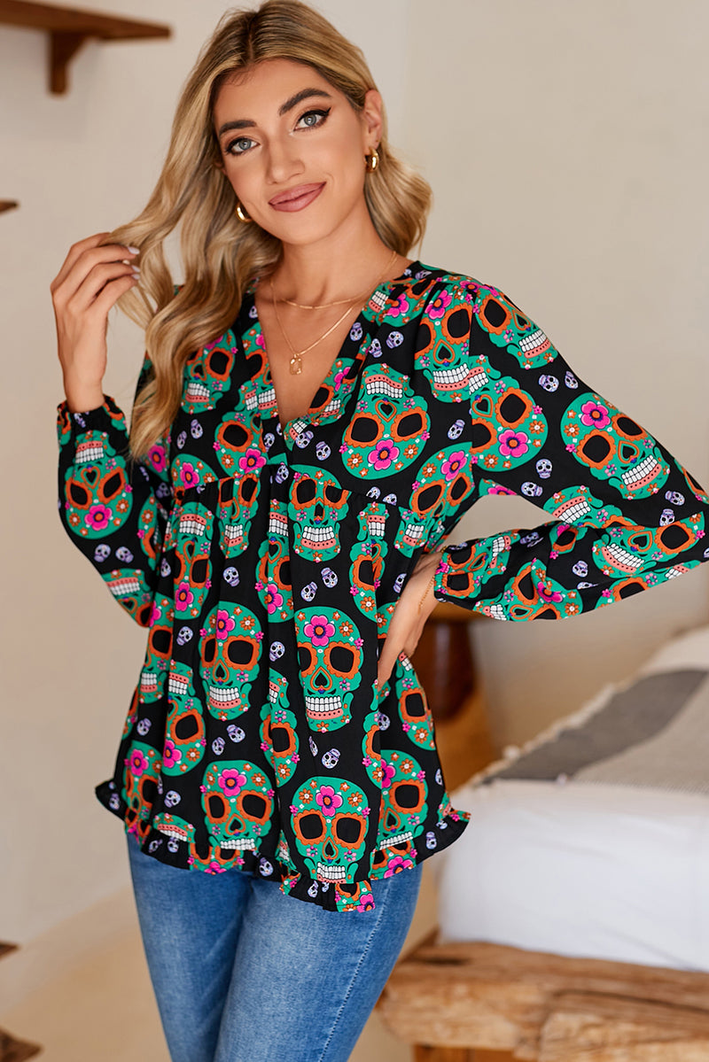 Black Halloween Flower Skull Babydoll Blouse