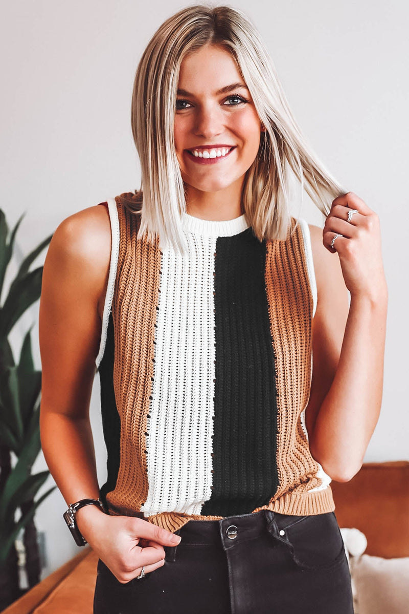 Khaki Stripe Color Block Sleeveless Knitted Top