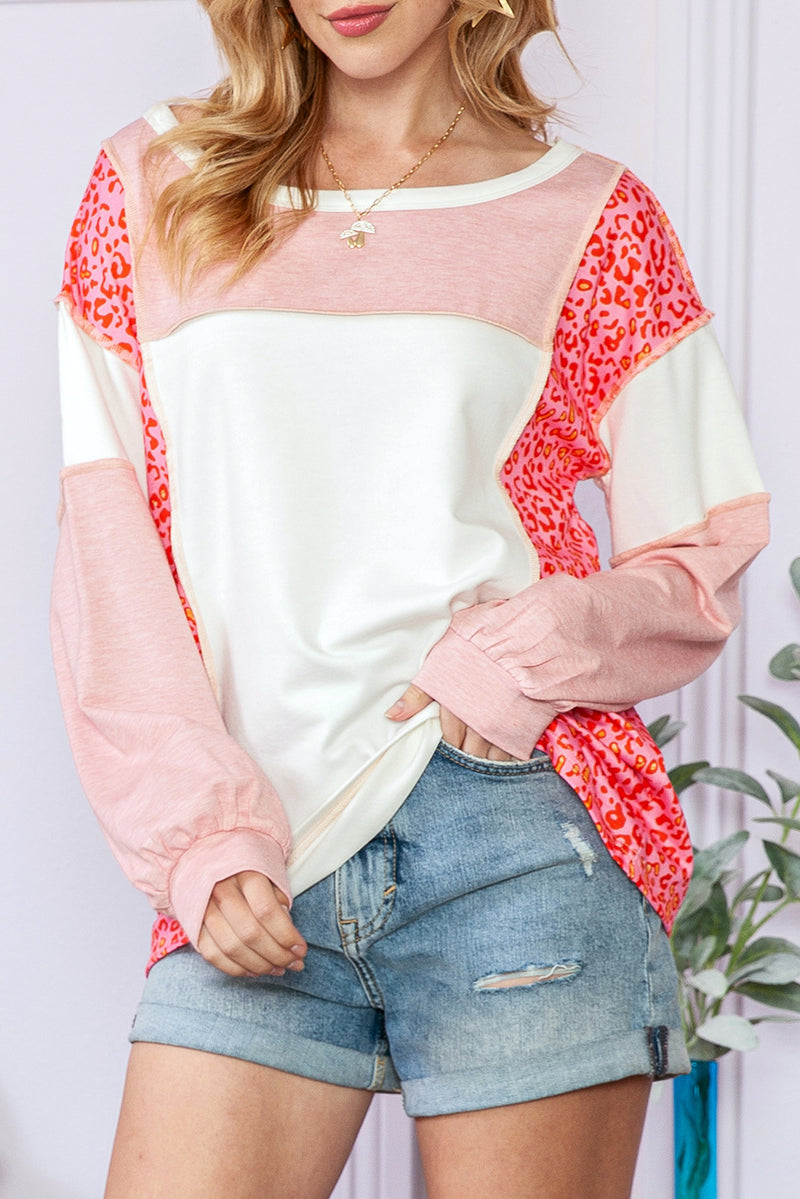 Peach Blossom Patchwork Long Sleeve Round Neck Top