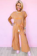 Yellow Stripe Rainbow Tee and Tassel Drawstring Wide Leg Pants Set