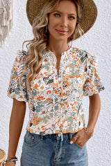 Multicolor Split V Neck Puff Sleeve Floral Print Blouse