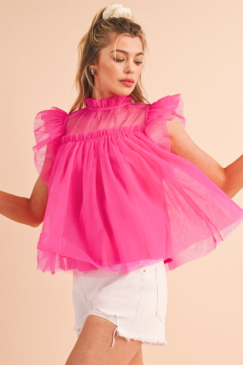 Strawberry Pink Ruffle Trim Mesh Layered Blouse