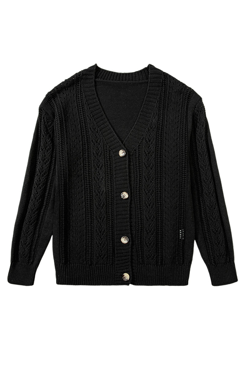 Black Hollow Knit Drop Shoulder Cardigan