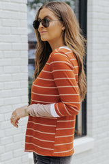 Brown Contrast Spliced Colorblock Cuffed Rib Knit Top