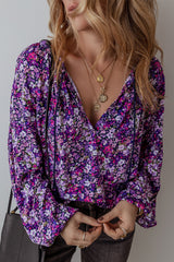 Purple Boho Ditsy Floral Split V Neck Bubble Sleeve Blouse