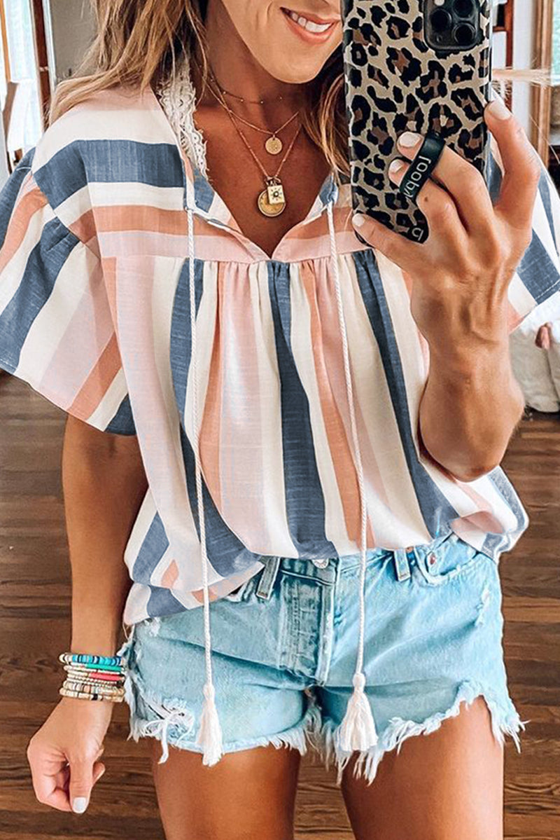 Pink and Blue Stripes Shirt Flutter Sleeve V Neck Blouse for Women