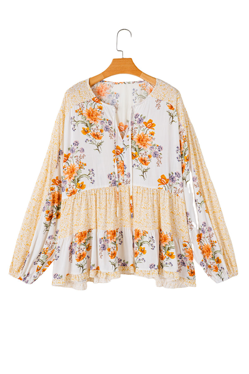 White Plus Size Floral Print V Neck Puff Sleeve Blouse