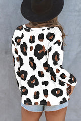 White Leopard Print Casual Loose Long Sleeve Top