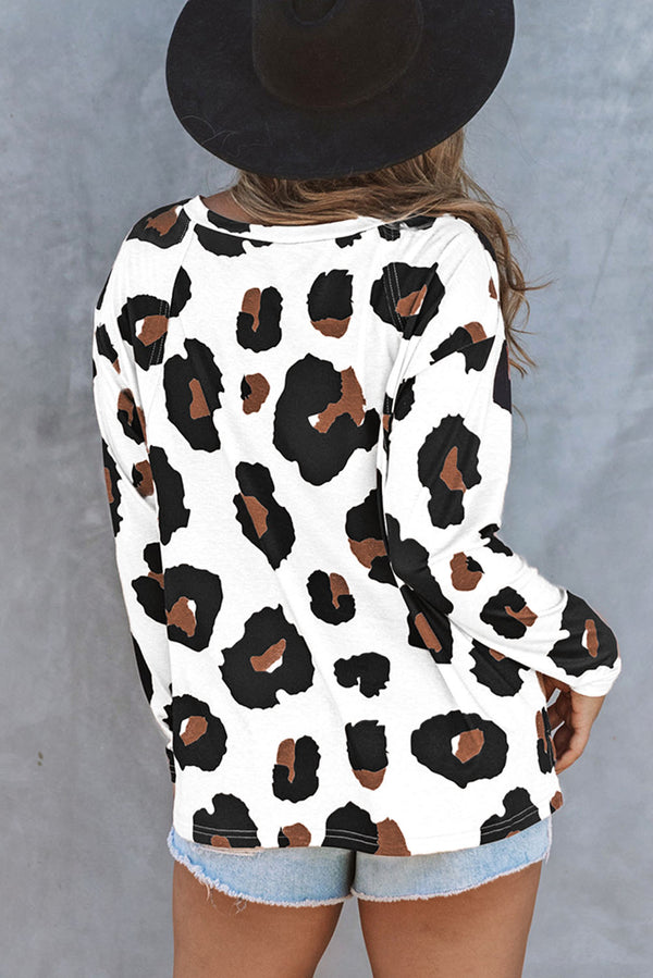 White Leopard Print Casual Loose Long Sleeve Top