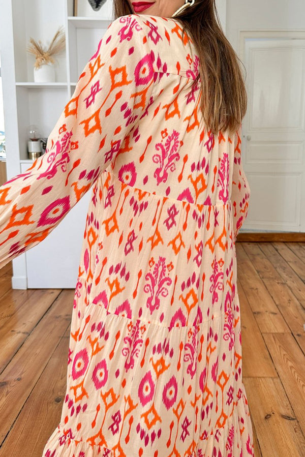 Orange Abstract Geometric Printed V Neck Maxi Dress