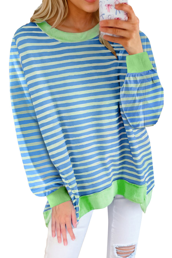 Sky Blue Stripe Contrast Trim High Low Tunic Sweatshirt