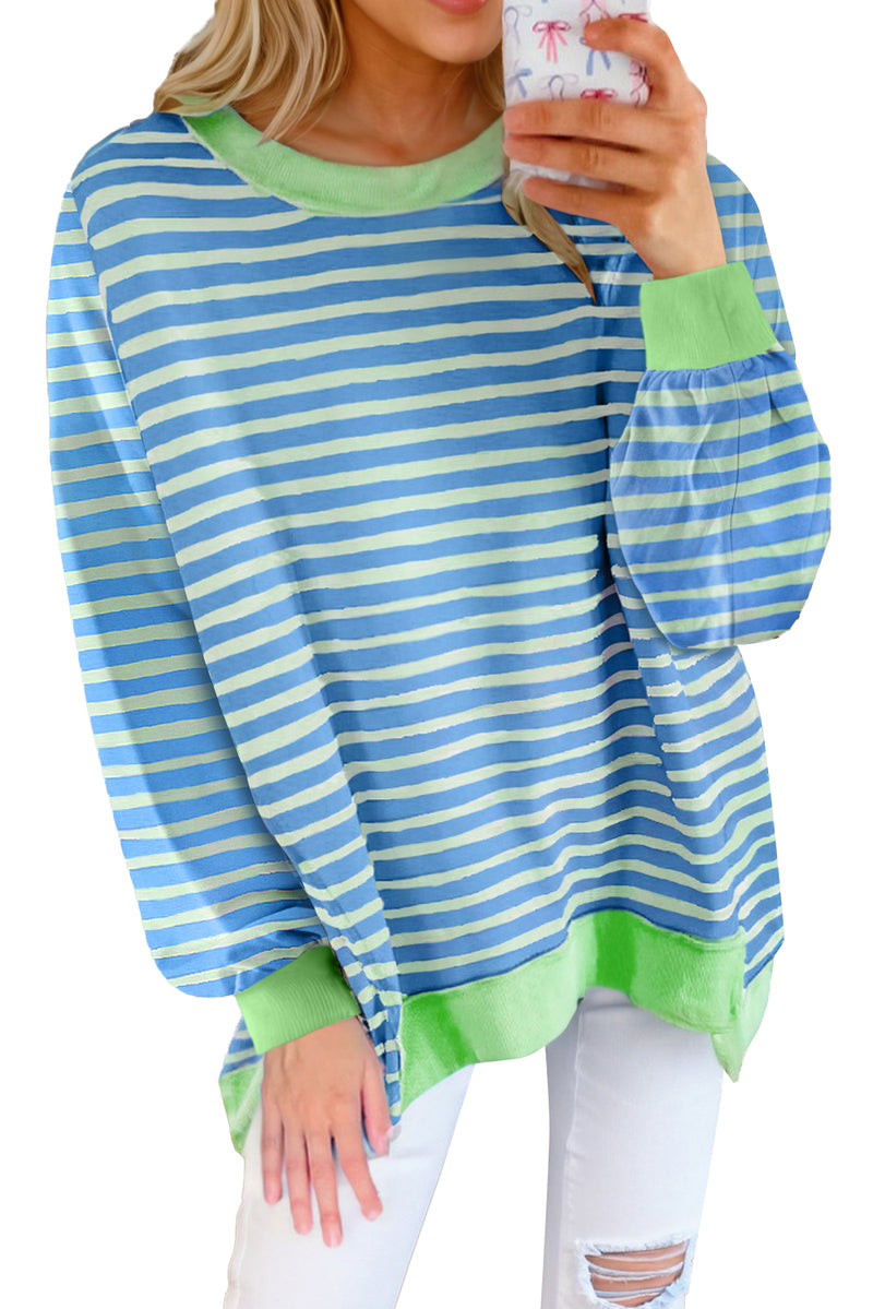 Sky Blue Stripe Contrast Trim High Low Tunic Sweatshirt