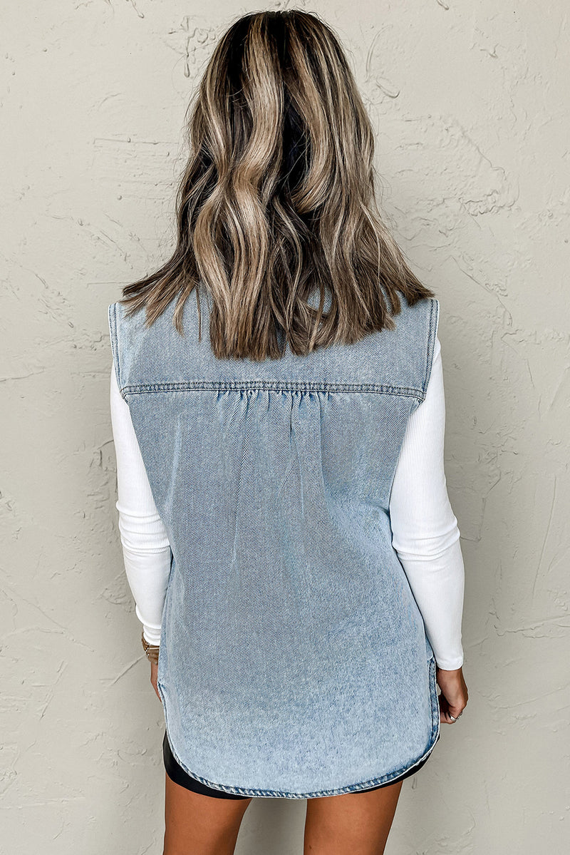 Beau Blue Flap Pocket Curved Hem Sleeveless Denim Jacket