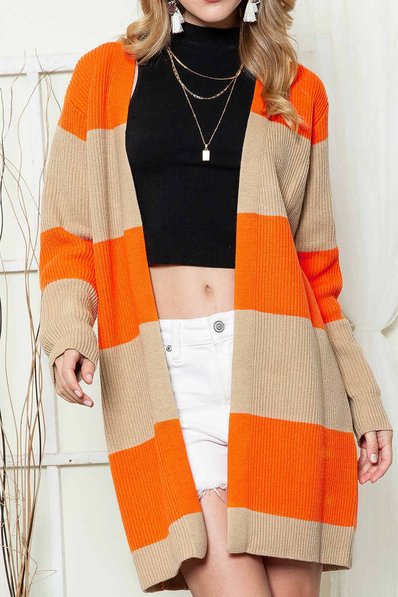 Orange Colorblock Ribbed Knit Open Front Cardigan