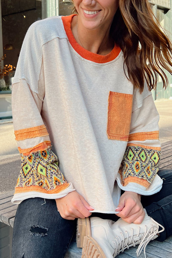 Apricot Geometric Patchwork Sleeve Loose Fit Top