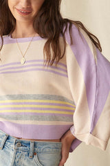 Purple Striped Rib-Knit Cropped Top