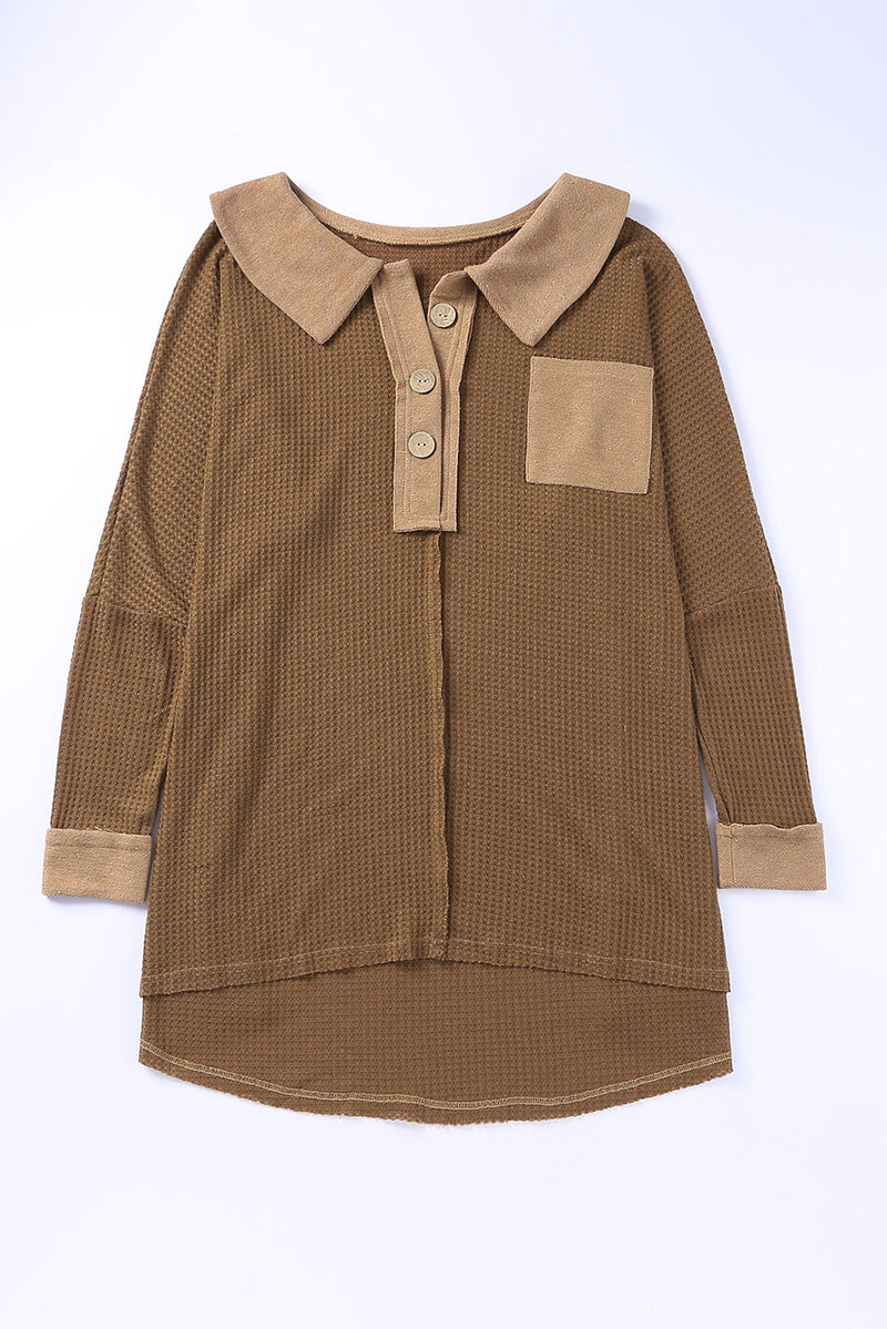 Brown Waffle Pocket Seam Patchwork Loose Knit Top