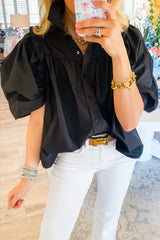 Black Ruched Puff Sleeve Loose Buttoned Up Blouse