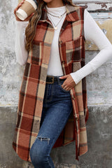 Cinnamon Mid Length Sleeveless Plaid Vest Jacket