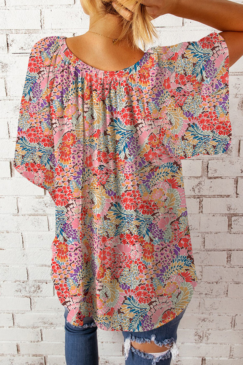 Multicolor Gorgeous Notch V Neck Short Sleeve Floral Blouse